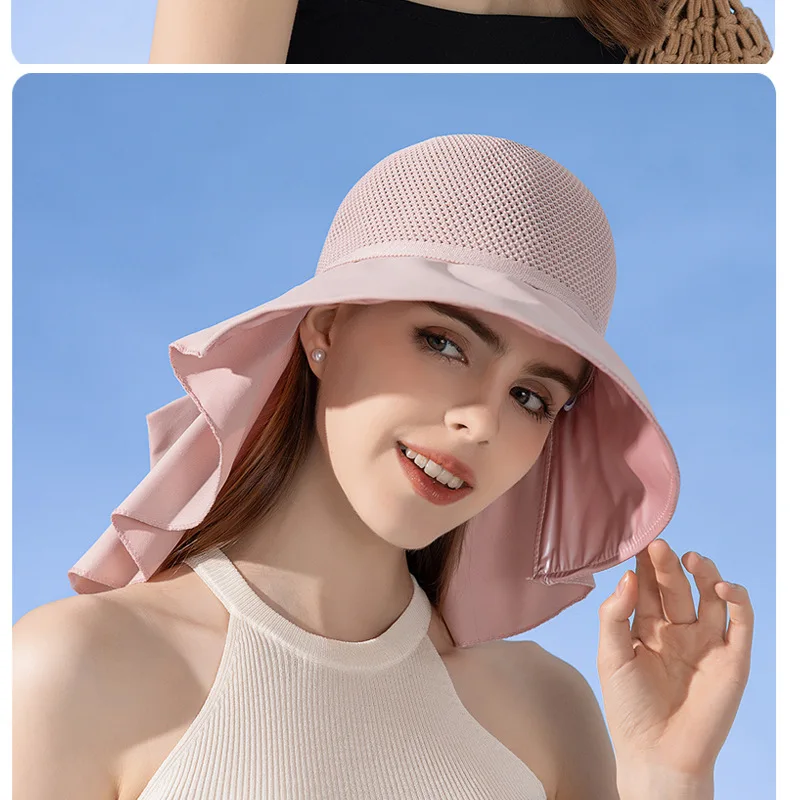 Sommerhut für Damen, mit Schal, leicht, atmungsaktiv, Netzstoff, Gesichts- und Nackenschutz, Sonnenhut mit Schleife, Falten-Design, für Reisen und Strand_voghion.com
