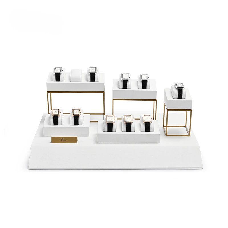 

High end white microfiber display window, large brand watch rack, store counter, sloping watch display props