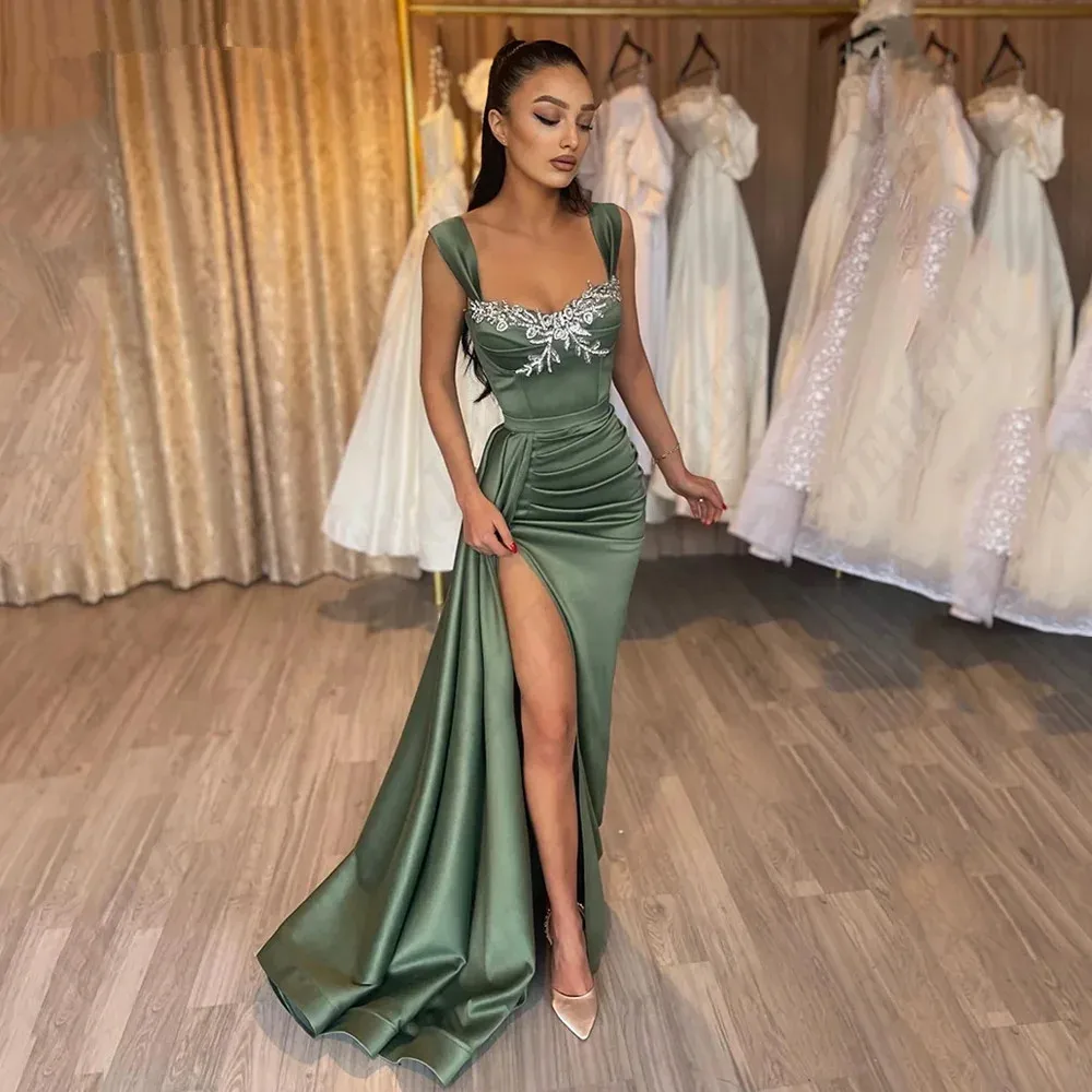 

Modern Spaghetti Straps Evening Gowns For Women Sweetheart Applique Prom Gowns Side Split Mermaid Satin vestidos de noche