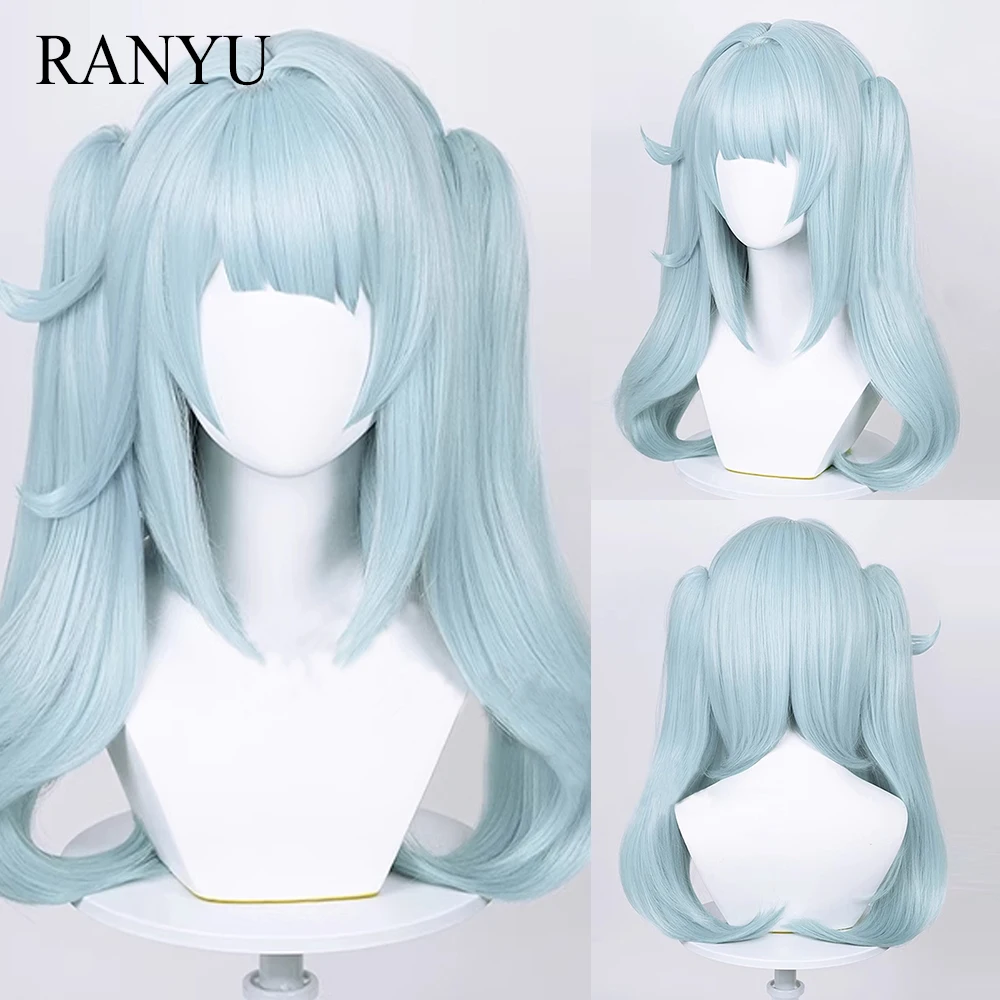 RANYU Genshin Impact Faruzan Wigs Synthetic Long Straight Light Blue Double Ponytails Game Cosplay Hair Wig for Daily Party