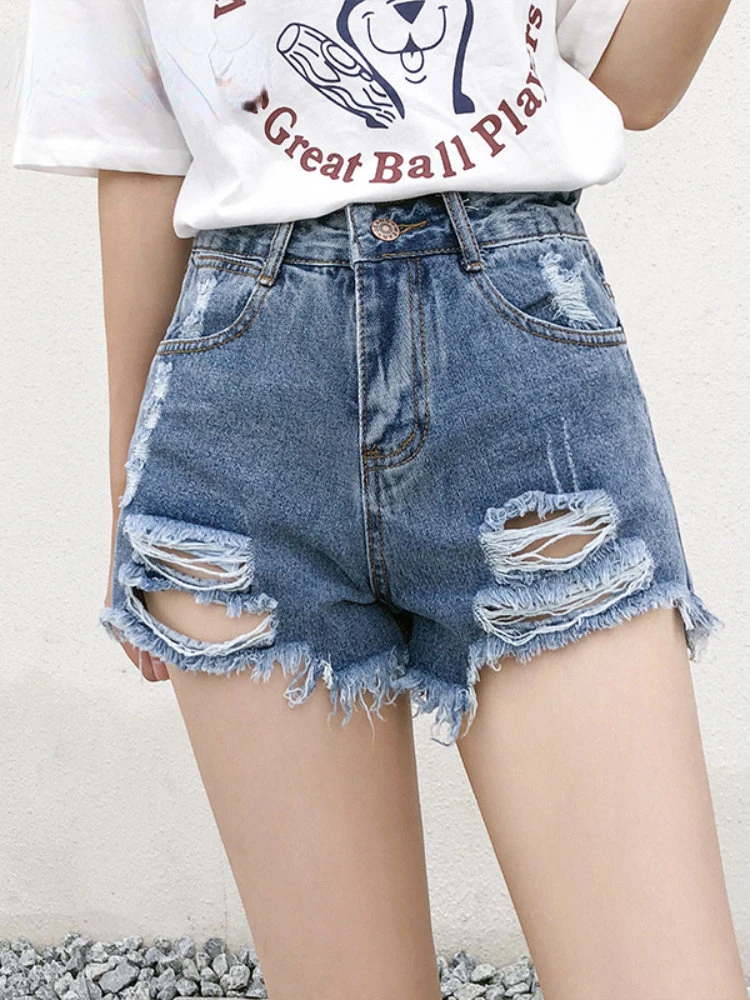

Summer Beach Street Casual Loose Blue Ripped Denim Shorts Women Sexy High Waist Button Pocket Slim Fit Short Pants Women