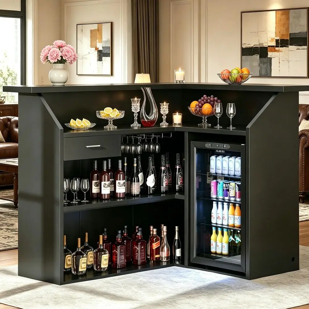 L-Shaped Home Bar Cabinet with Charging Station 1
