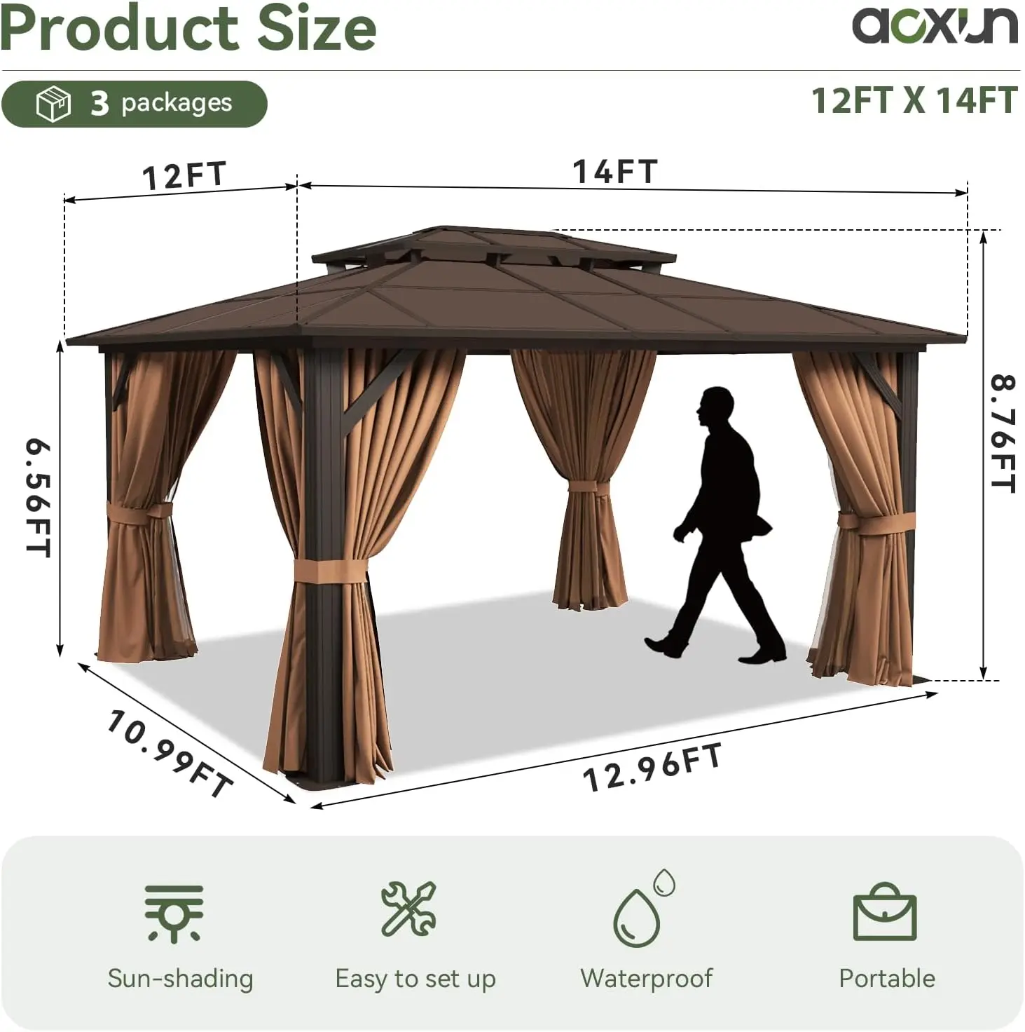 12'x14' Hardtop Gazebo, Aluminum Frame Permanent Pavilion with Curtains and Netting, Designed for Garden, Brown 4