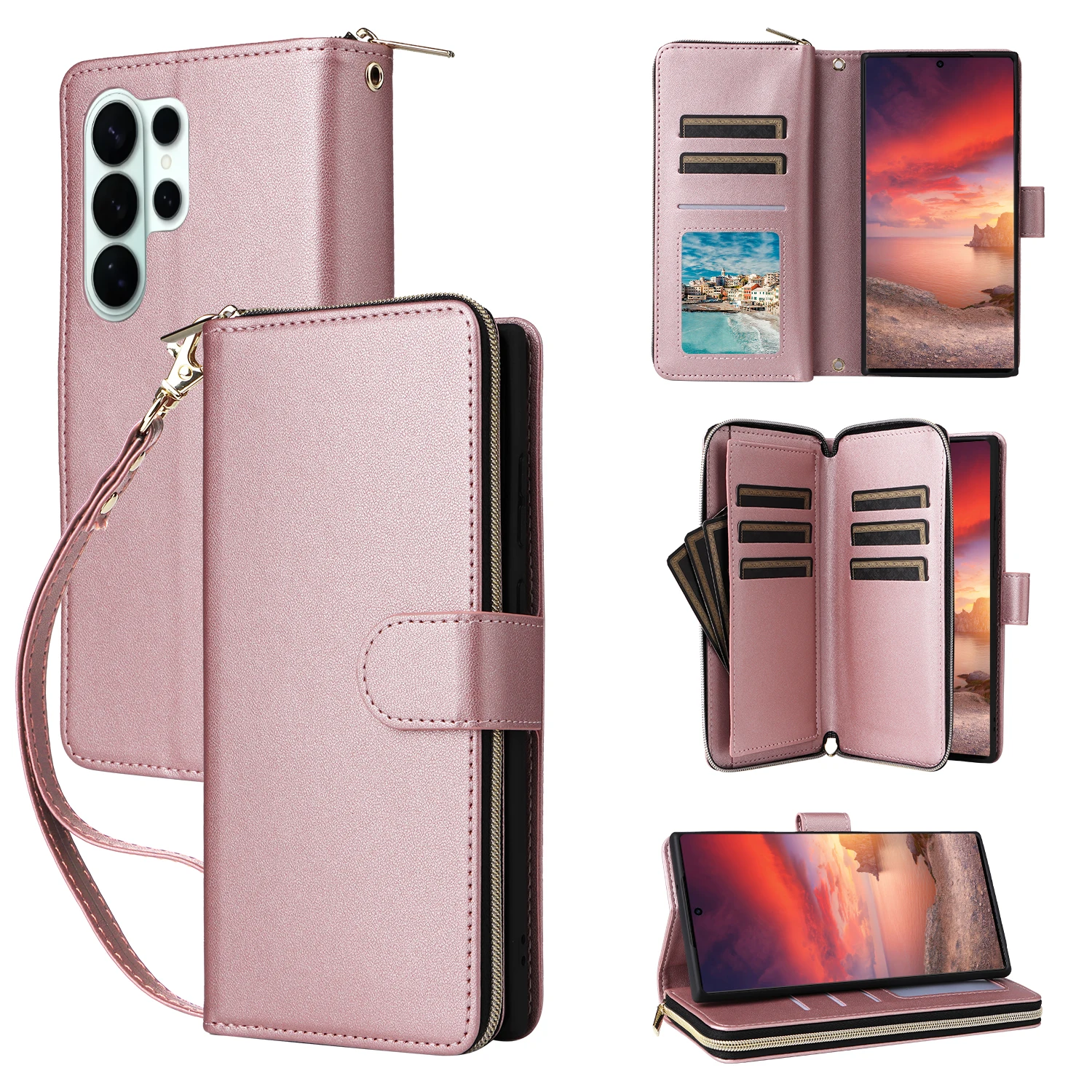 Deluxe Leather Flip Wallet Case with Long Lanyard and Cardholder