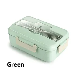 Portable Microwave Lunch Box for Kids with Tableware - Wheat Straw Bento Box (Green)