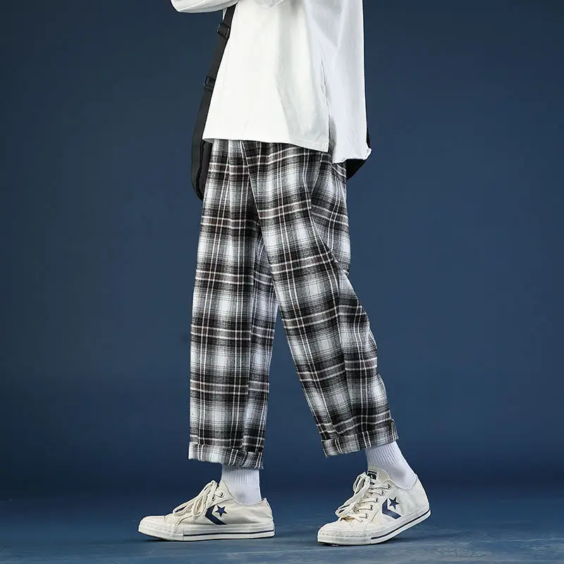 

Summer Thin Plaid Pants Men Fashion Retro Casual Pants Male Streetwear Wild Loose Drawstring Straight Trousers Man Ninth pants