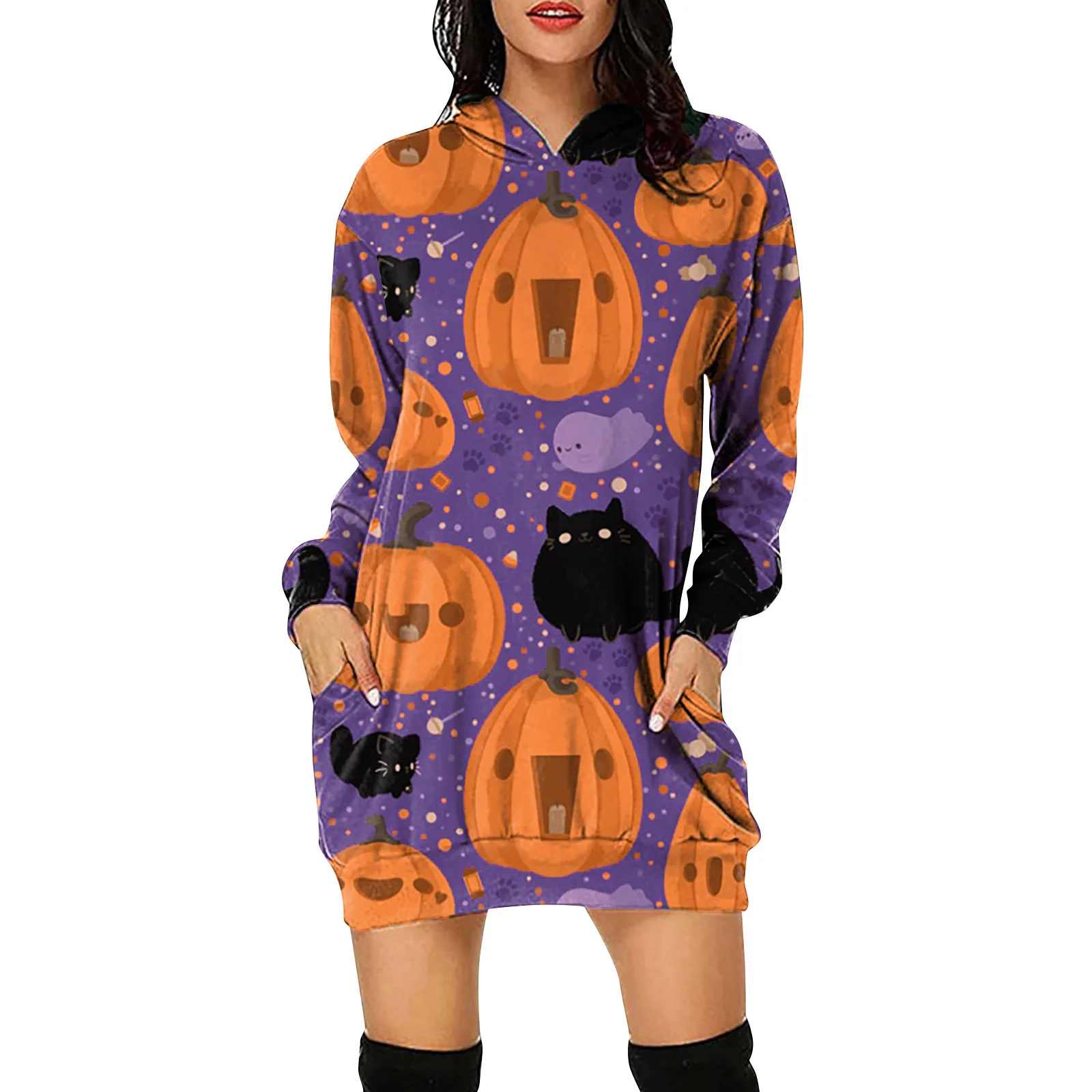 

Halloween New Women's Hooded Long Sleeve Mini Dress Cartoon Pumpkin Print Sweatshirts Dresses with Pocket Punk Harajuku 2022
