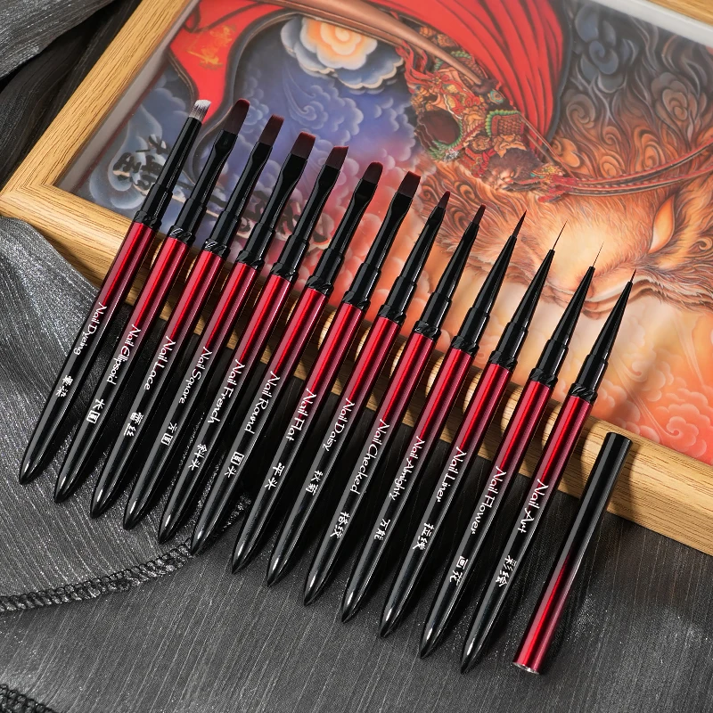 New 1/13pcs Nail Art Brush Set Black Red Metal Handle Acrylic UV Gel Polish Crystal Acrylic Nail Drawing Tools High Quality