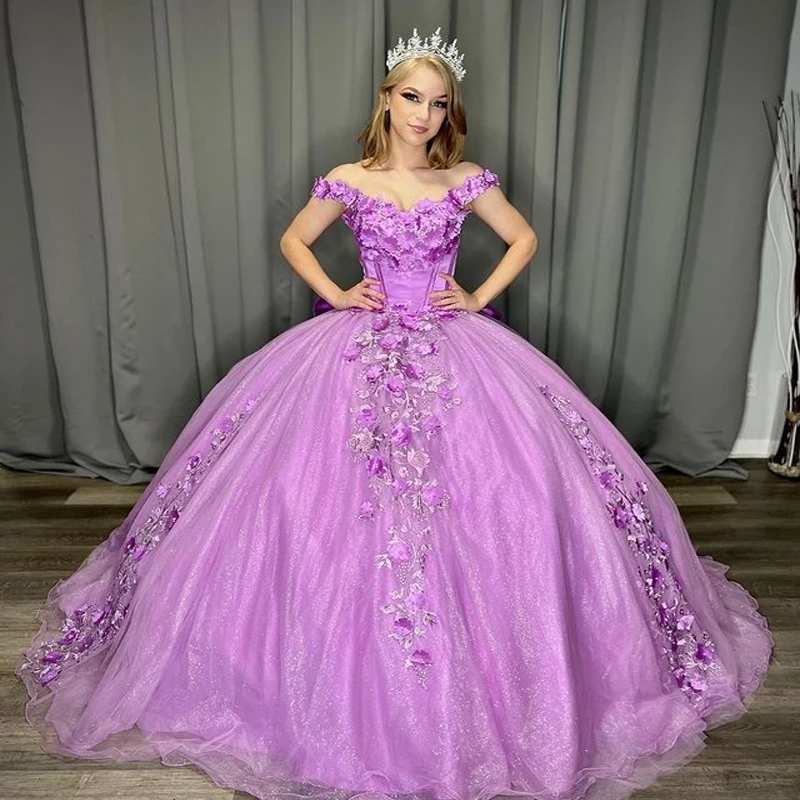 

Lavender Prom Dresses Sweet 16 Girl Appliques Lace Beading 3D Flower Princess Ball Gown Quinceanera Dresses Vestidos De 15 Años