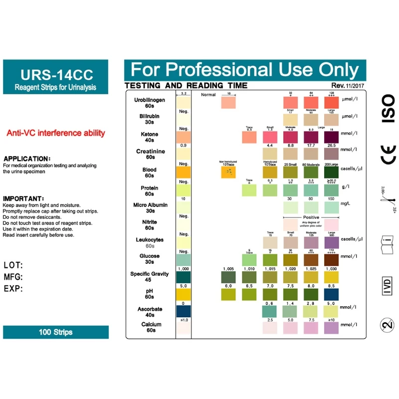 URS-14 Urinalysis Reagent Test Paper Urine Test Strips Leukocytes Nitrite Urobilinogen Protein pH Ketone urinalysis strips 100strips