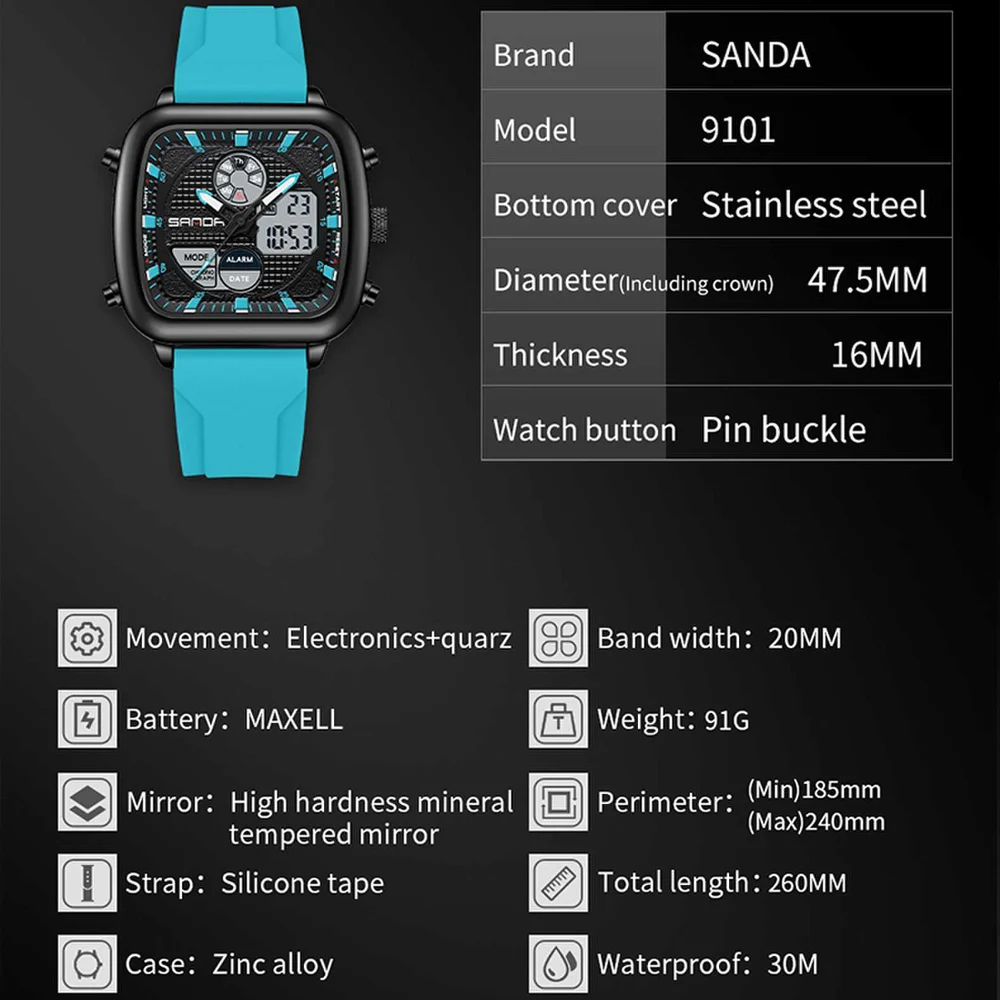 Sanda New Digital Watches Men Luxury Brand Square Dial Waterproof Shock Resistant Bright Back Light Sport Wrist Watch, Alina Gadgets
