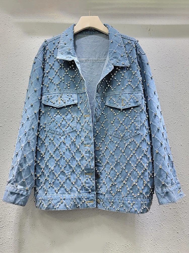 新品 Blue Blue SATIN DAMASK JACQUARD ジャケット DEAT Women's Denim Coat Blue Long Sleeve Full Diamonds