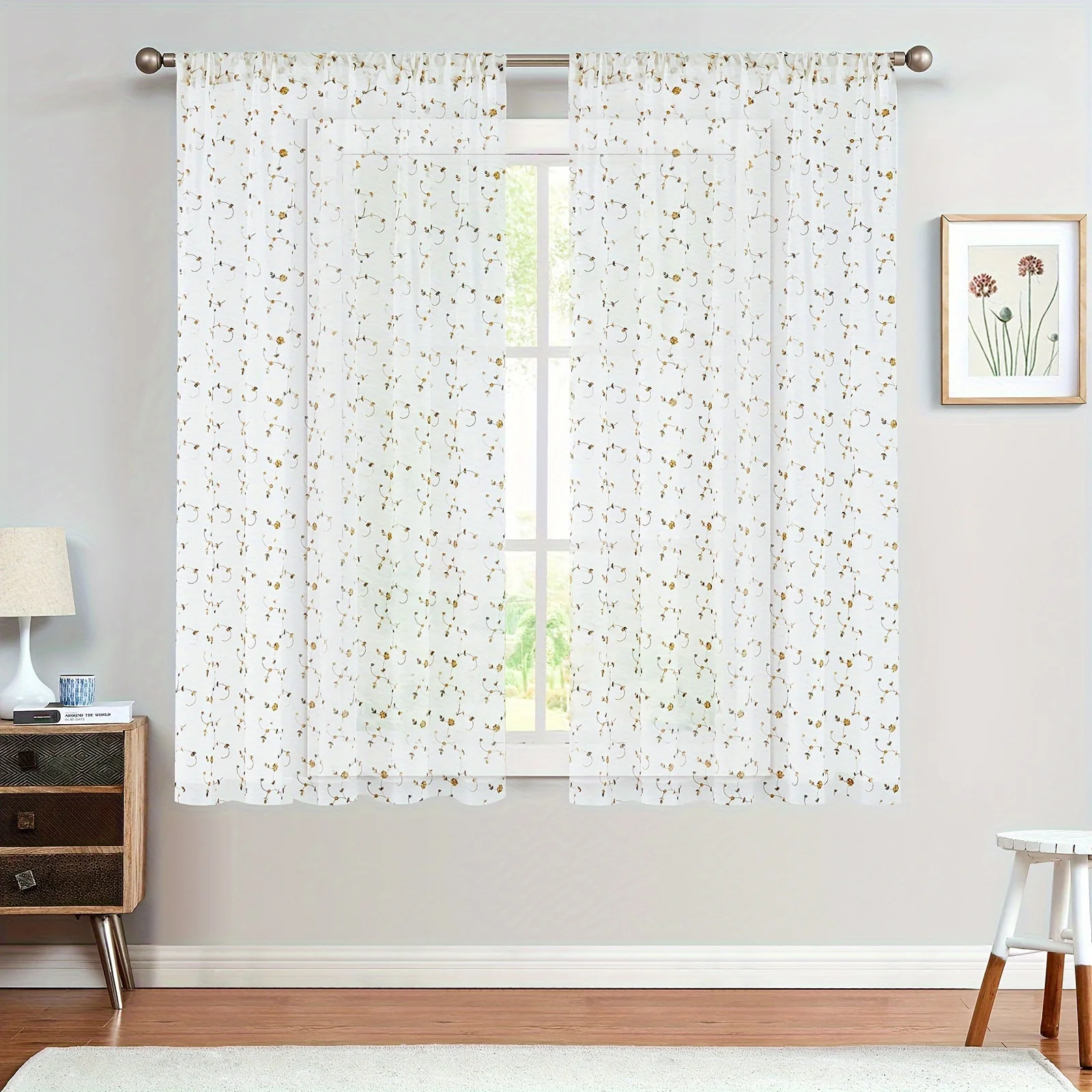 

2 Set COLLACT Floral Embroidered Sheer Curtains, 50x84 Inches, Yellow And Green Botanical Design, Farmhouse Style, Natural Light