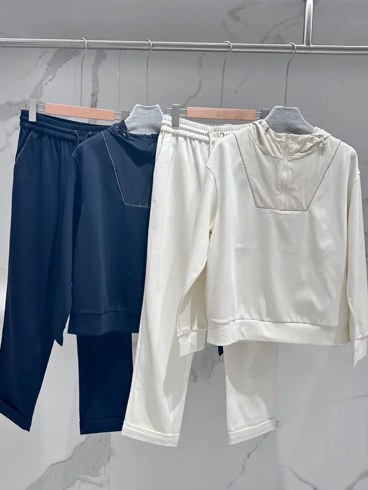 

Women's Set 2023 New 100% Cotton Sports Beading Chain Half Zipper Hooded Sweatshirt or Elastic Waist Casual Long Sweatpants