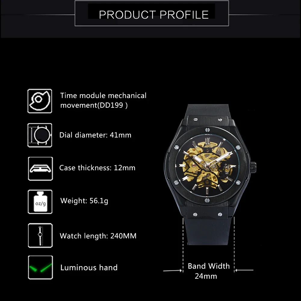 WINNER Automatic Mechanical Watch for Men Rubber Strap Skeleton Dial Male Clock Military Sports Style Wristwatch Dropshipping