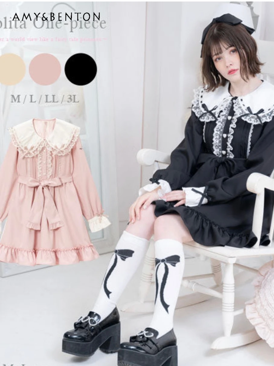 

Autumn New Japanese Sweet Cute Lolita Doll Collar Dress Women Lace Bow Long Sleeved A-line Dress Solid Color Basic Elegant Dress