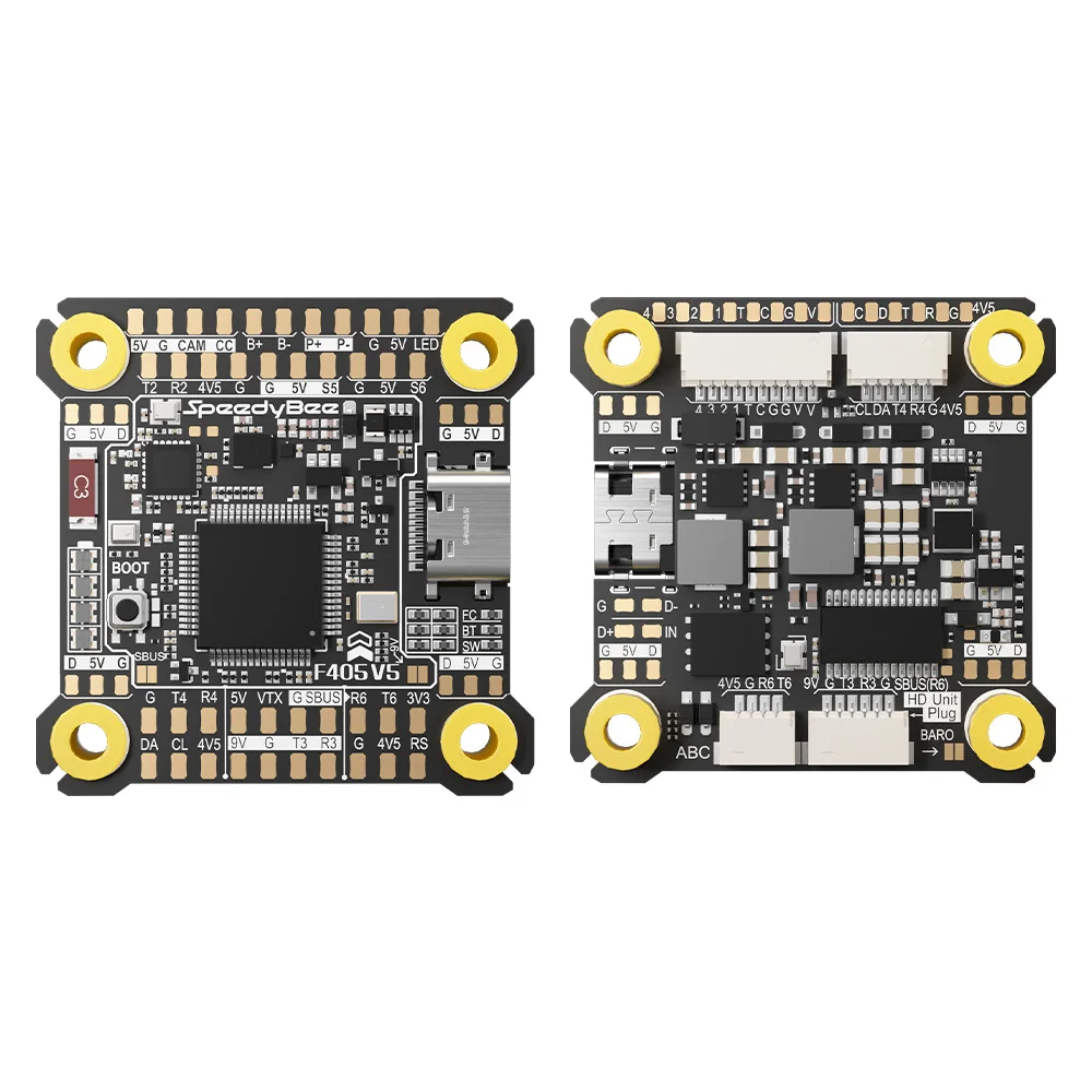 Détail du SpeedyBee F405 V5 Stack montrant les ports et composants électroniques.