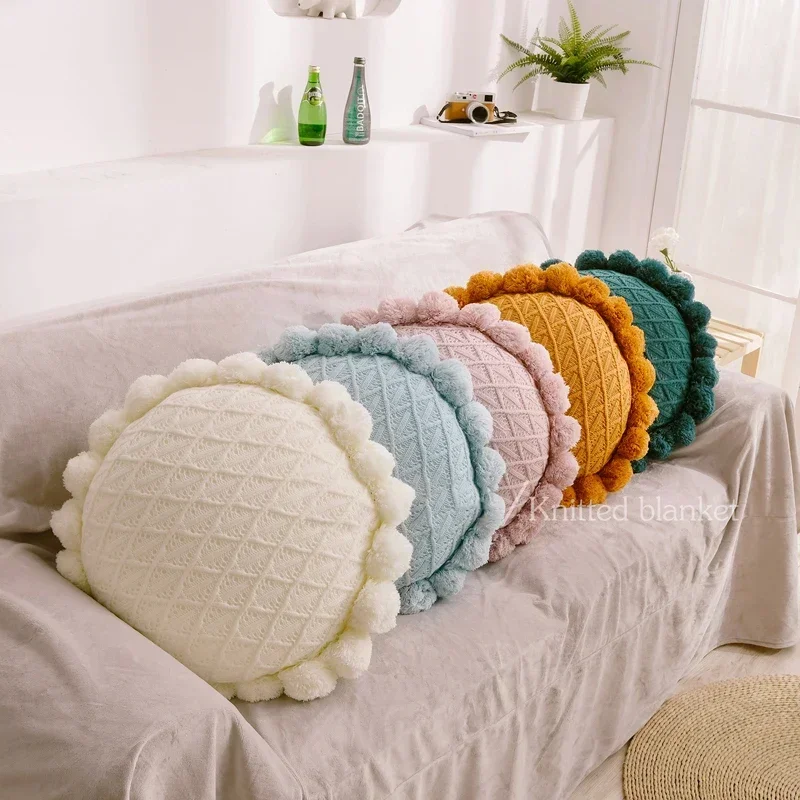 

Professional Round Boho Pillow Yoga Knitted Throw Pillowcase With Textured Poms&Fillings Sofa Cushion Pouf Couch Bed TJ7135