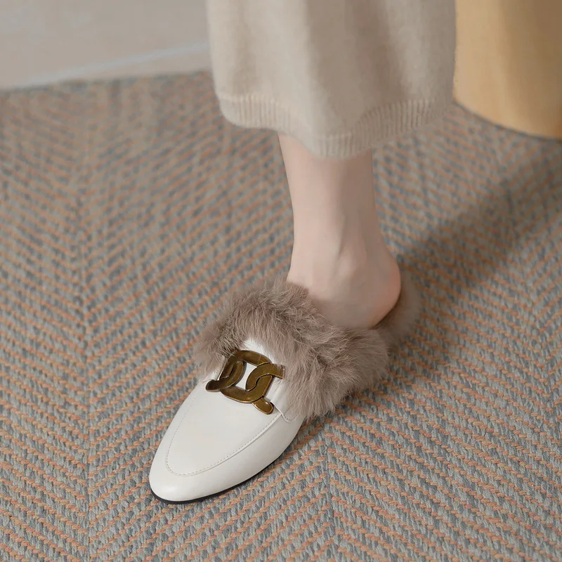 

Loafers Cover Toe Female Shoes Ladies' Slippers Fur Flip Flops Low 2023 Plush Hoof Heels Rome Shearling Basic Rubber Slides