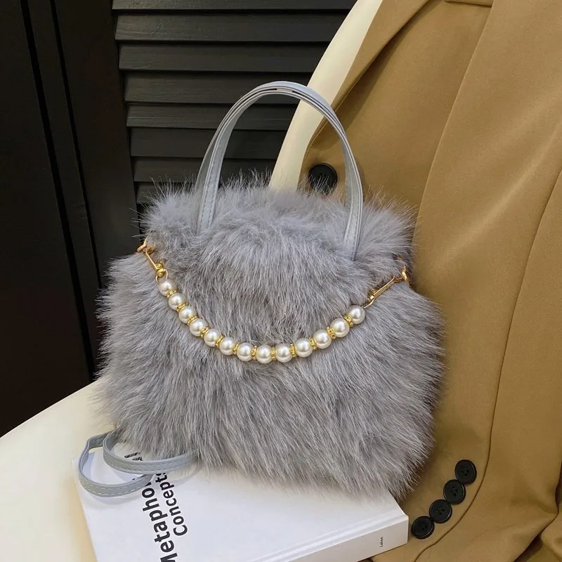 Fashion Women'S Bag, Plush Beaded Handheld Small Square Bag Texture Commuter Tote Bag Fury Simple Handbag Shoulder Crossbody Bag