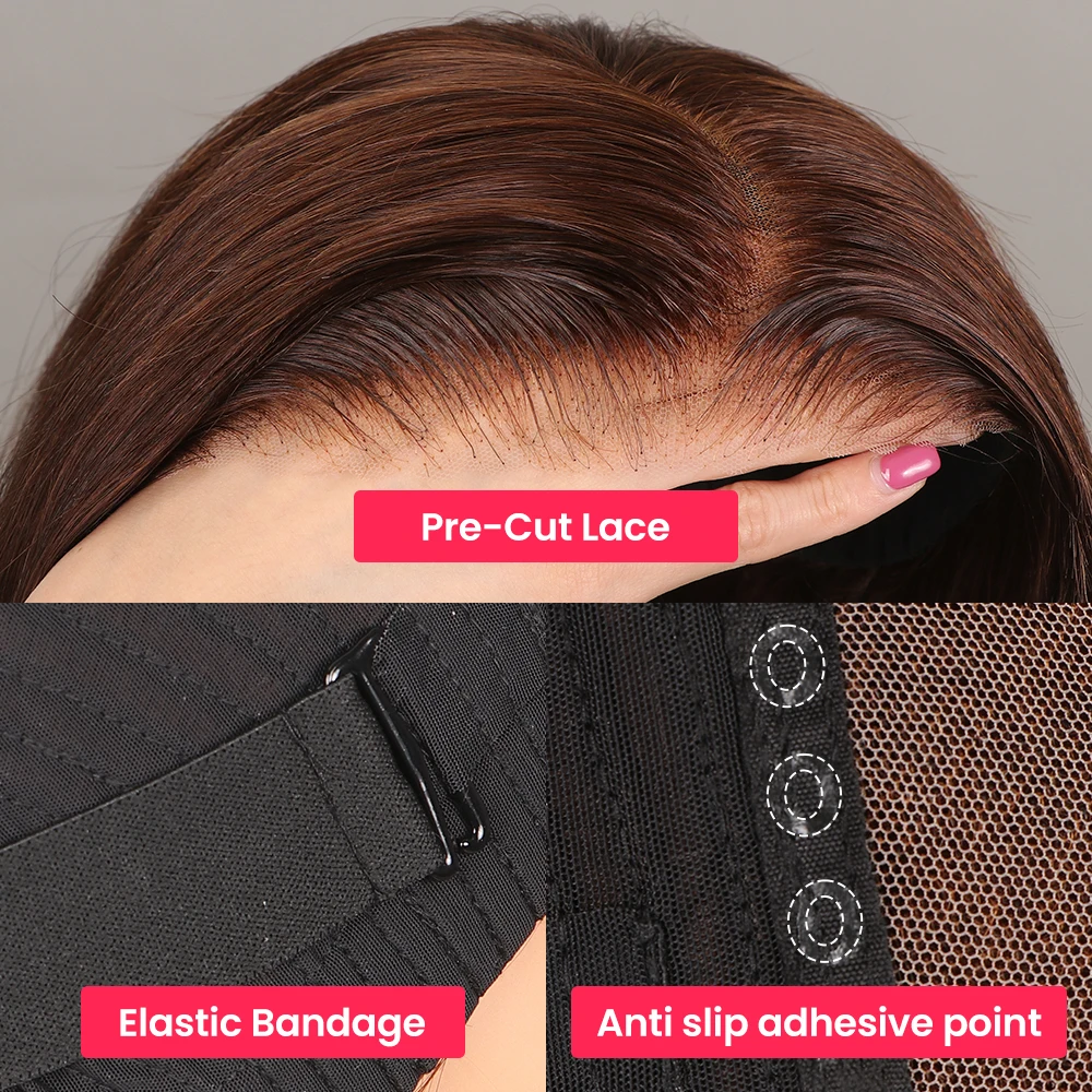 Chocolate Brown Glueless Wig 6x6 HD Lace Frontal Human Hair Wigs for Women 6x5 Pre-Cut Lace Wig Wear and Go Short Bob 12inch