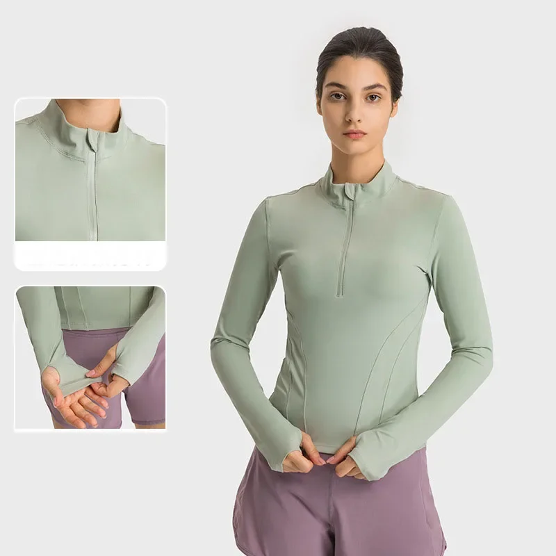

Autumn Gym Half Zipper Yoga Clothes Slim Large Size Sports Top Long Sleeve Pullover Training T-Shirts For Women