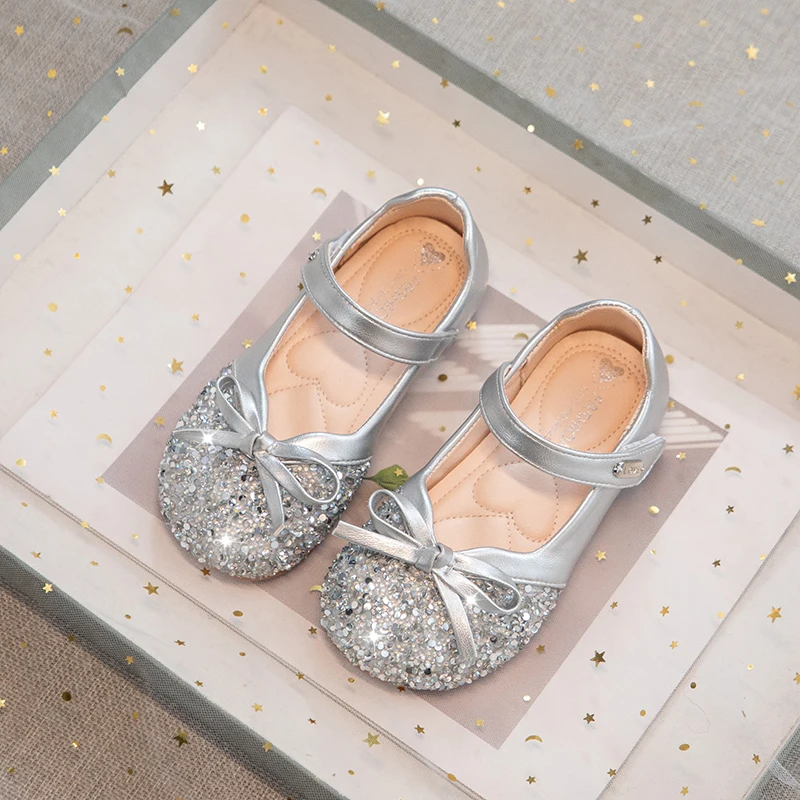Girls Sequins Leather Shoes for Party Wedding Children Princess Shoes with Bow-knot Fashion Kids Shallow Ballet Shoes Size 25-36