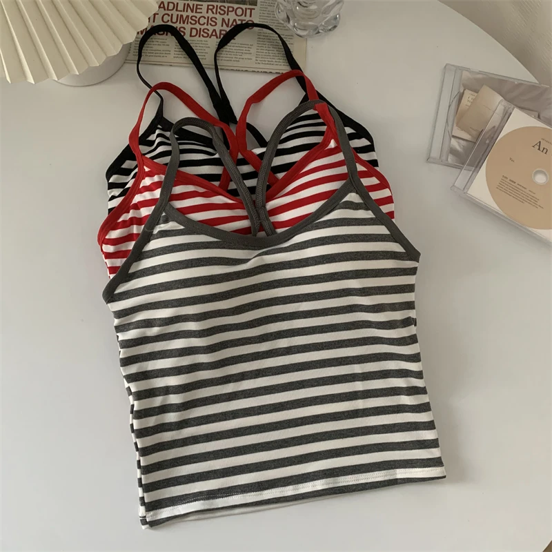 Korea Style Colorblock Striped Camisole Female Summer Cross Strap