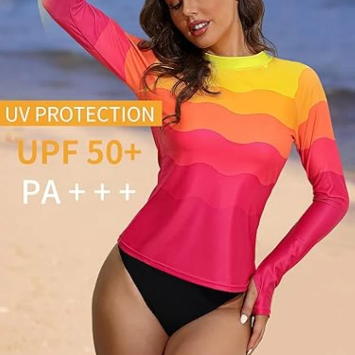 Women Rashguard Skin-Friendly UPF 50+ Long Sleeves Crew Neck with Thumb Holes Printed Surfing Shirt Swimsuit