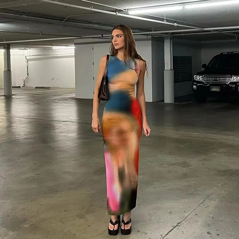 

Sleeveless Backless Maxi Dress Women 2022 Summer Bodycon Elegant Sexy Tie Dye Outfits Ladies Birthday Party Club Sundress