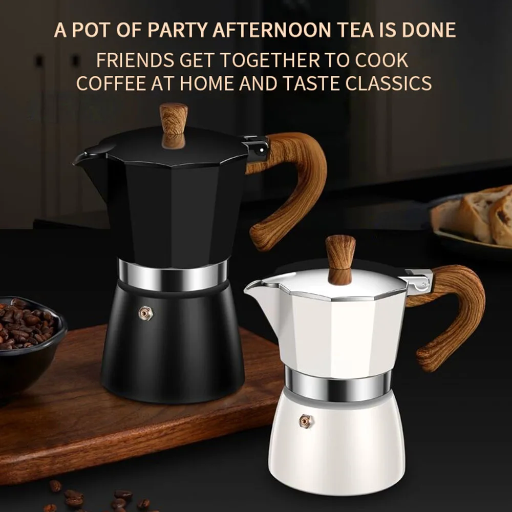Moka Pot Coffee Machine Stovetop Espresso Maker Aluminum Geyser Wood Handle  Pot Latte Percolator 3/6 Cup 150/300ML Kitchen Tools - AliExpress
