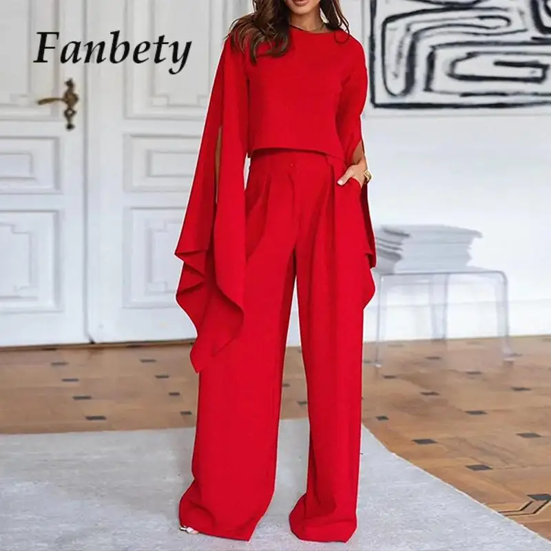 

Женский офисный комплект из двух предметов, элегантная Асимметричная блузка с круглым вырезом и длинные брюки, свободный однотонный костюм с рукавами «летучая мышь» и разрезом, весна
