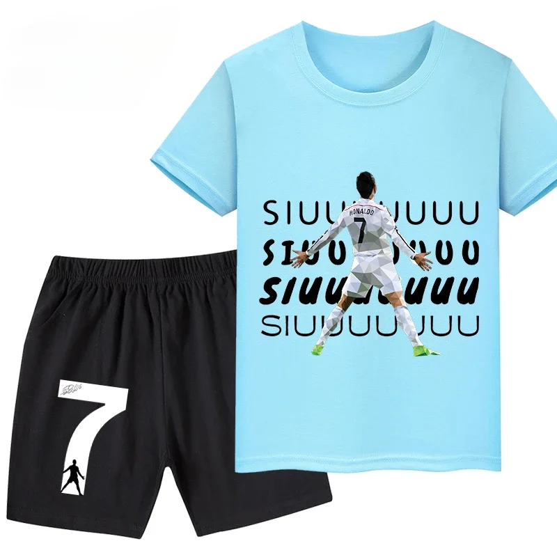 thumbnail image 1 of Conjunto de 2 piezas de camiseta y pantalones cortos deportivos con estampado de jugador de fútbol Ronaldo para niños y niñas, ropa deportiva informal de verano, 1 of 5