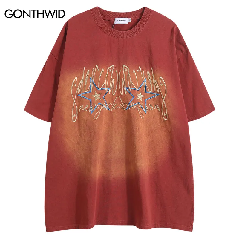 

Vintage Oversized Tee Shirts Embroidery Star Letter Tie Dye Gradient Washed Tshirt 2024 Men Hip Hop Harajuku Loose T-Shirt Tops
