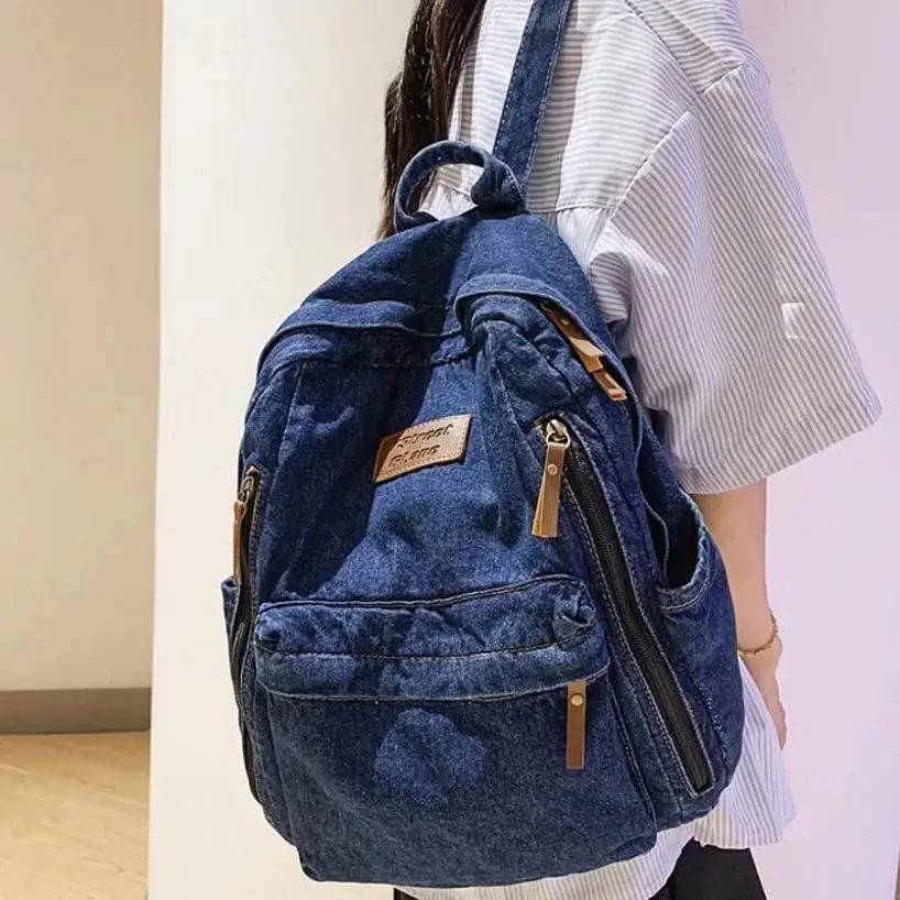 1 Pcs Fashionable New Style Simple And Trendy Backpack Large Capacity Durable Denim Bag Student Bag