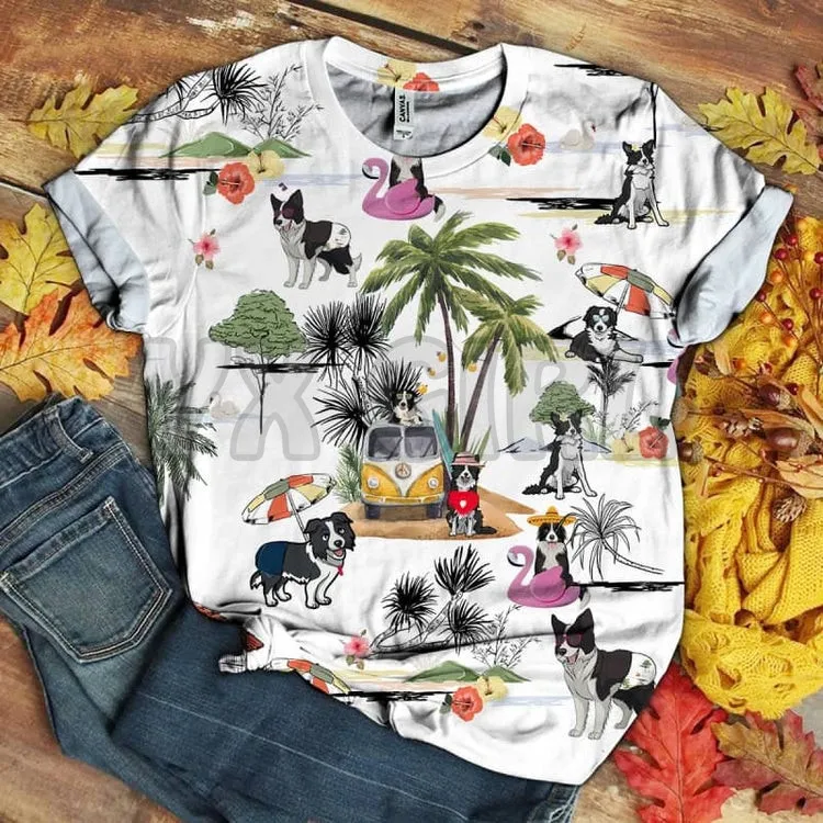 

Border Collie - Hawaii Beach Retro 3D All Over Printed T Shirts Funny Dog Tee Tops shirts Unisex Tshirt