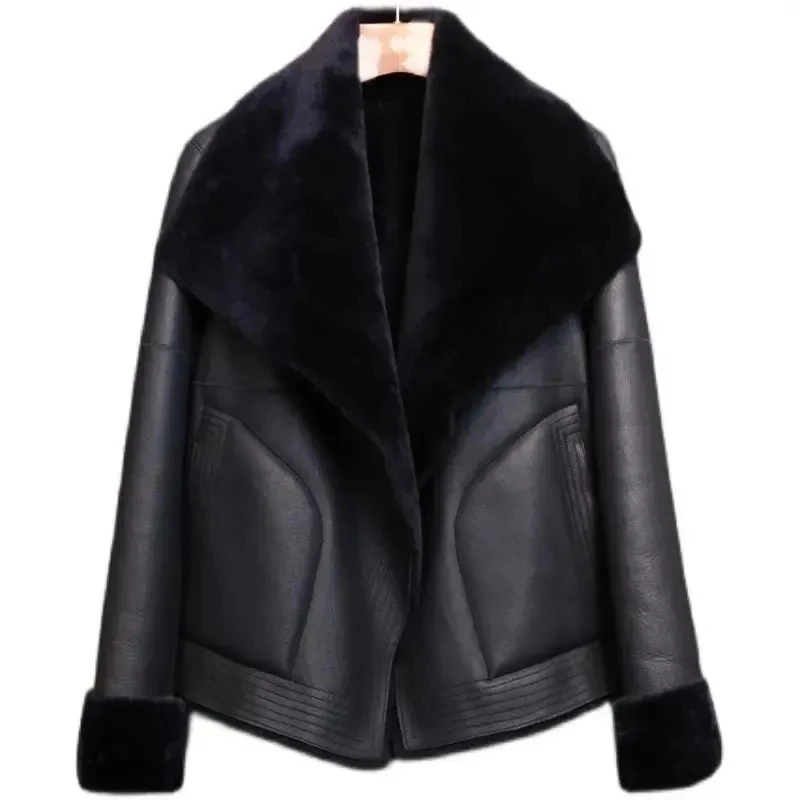 

5XL New 2023 Haining Leather Jacket Coat Women Splicing Fashion Slim Lamb Hair Lapel Imitate Fur Jacket Mujer Outwear Black