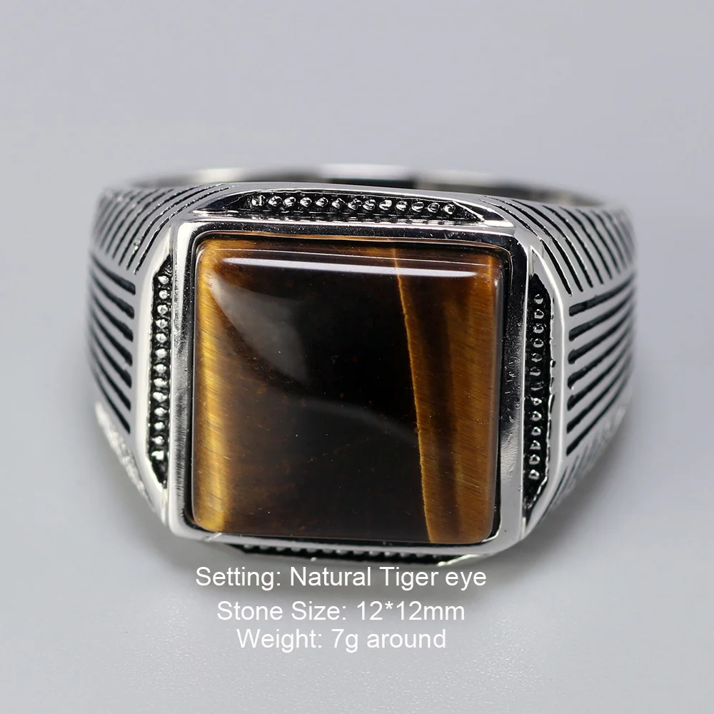 Silver Rings Man Ring Tiger Eyes Natural Stone Stripe Pattern Ringen