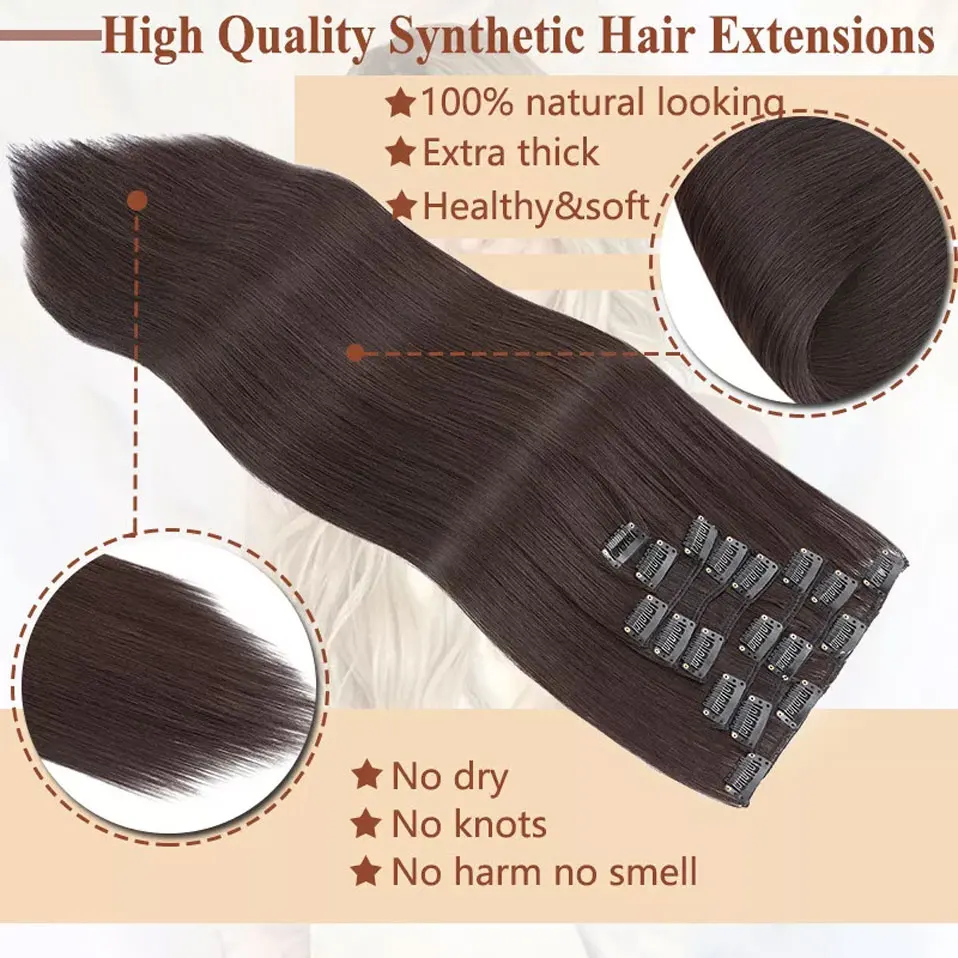 8pcs/set Long Straight 24 Inches Synthetic Hair Full Head Clip in Hair Extensions Clip On Hairpieces For Women Ombre Color
