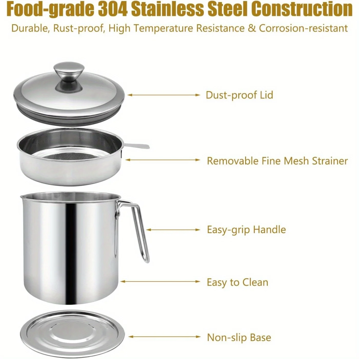 Grease Strainer and Container with Dust-Proof Lid 304 Stainless Steel Oil Storage Fine Mesh Anti-scalding Handle with Tray