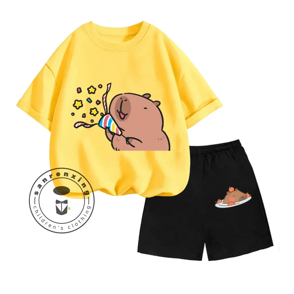 Hit Youth Sunshine Capybara Cartoon Print Design O Collar Delicate Short Sleeves and Shorts Summer Children School Two-piece Set 5