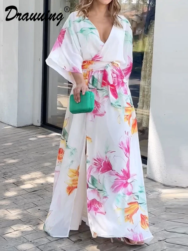 

D​rauuing V Neck Print Maxi Dress Loose Sleeve Laceup Dresses Women Half Sleeve Party Dresses Women Flower Print Loose