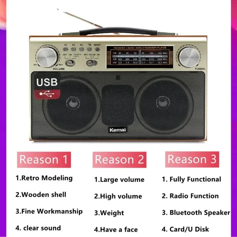 

MD-1702BT Wood Retro New Wireless Bluetoothsound Box Home Desktop Outdoor Mini Subwoofer Card Speakers FM Radio for the Elderly