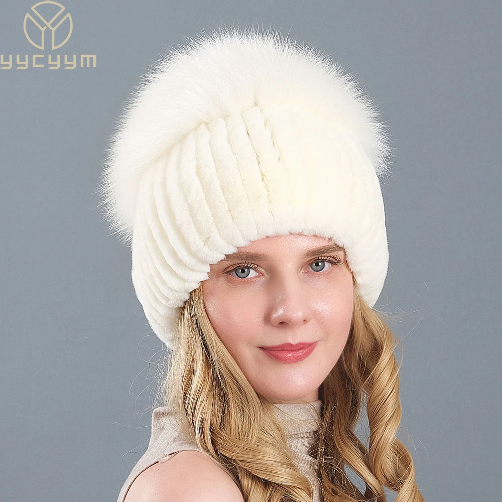 Women Winter Real Rex Rabbit Fur Hat Knitted Natural Fox Cap Beanies