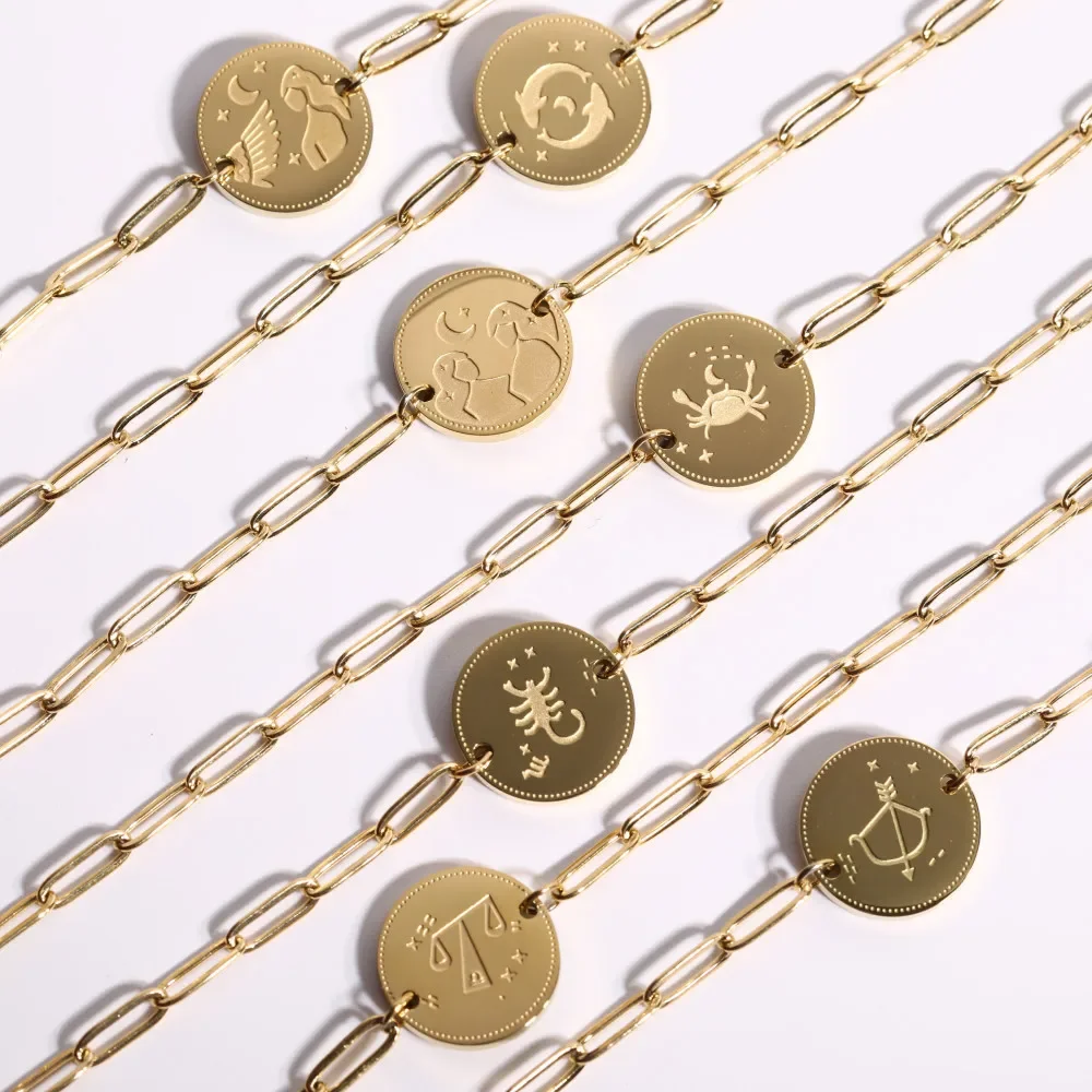 New Handmade Engraved 12 Constellation Pattern Symbol Bracelet Waterproof Hypoallergenic Paper Clip Chain Zodiac Sign Bracelets