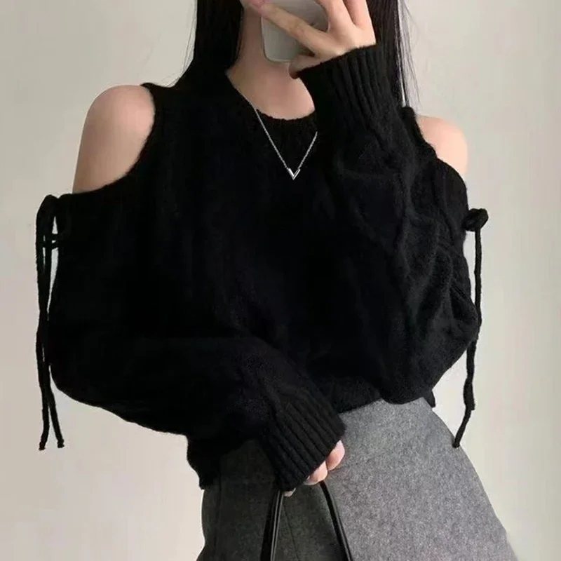 Winter Lace Up Casual Jumper Korean Fashion Off-the-shoulder Pullover Women Sweater Autumn O Neck Loose Long Sleeve Knitted Tops