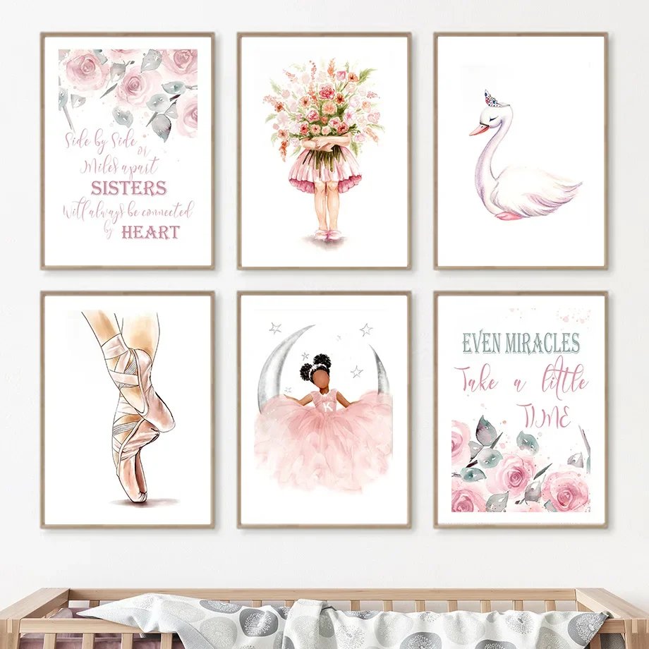 Sirena Ballet Girl Princess Swan Flower Wall Art Canvas Painting Nordic Poster E Stampe Immagini A Parete Baby Kids Room Decor