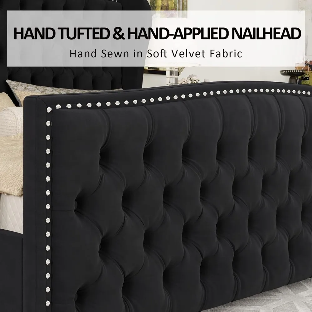King Platform Bed Frame, Velvet Upholstered Bed with Deep Button Tufted & Nailhead Trim Wingback Headboard/No Box Spring Needed