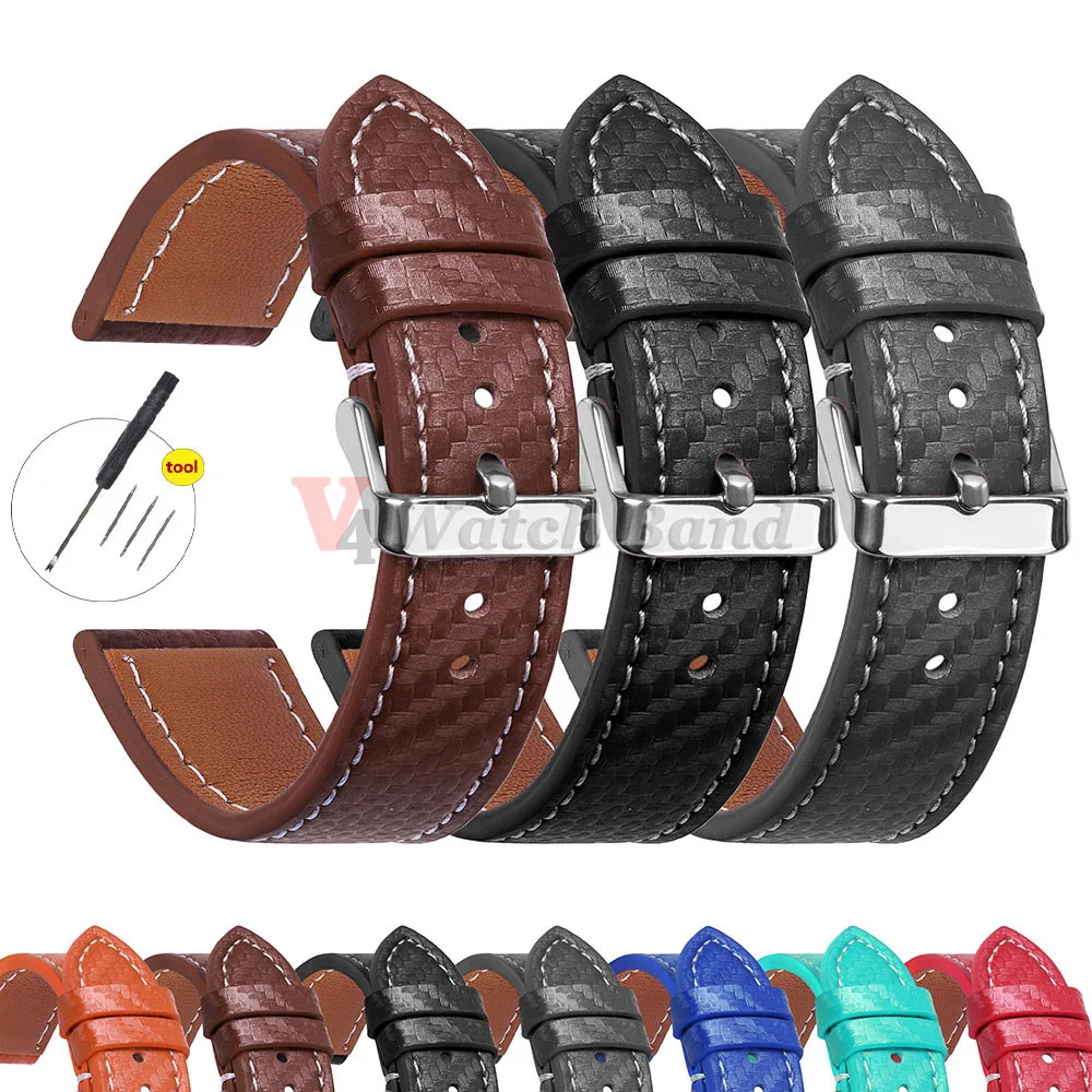 Carbon Fiber Texture Leather Strap - Premium Cowhide Watchband for Men, Soft Wrist Belt in Various Sizes