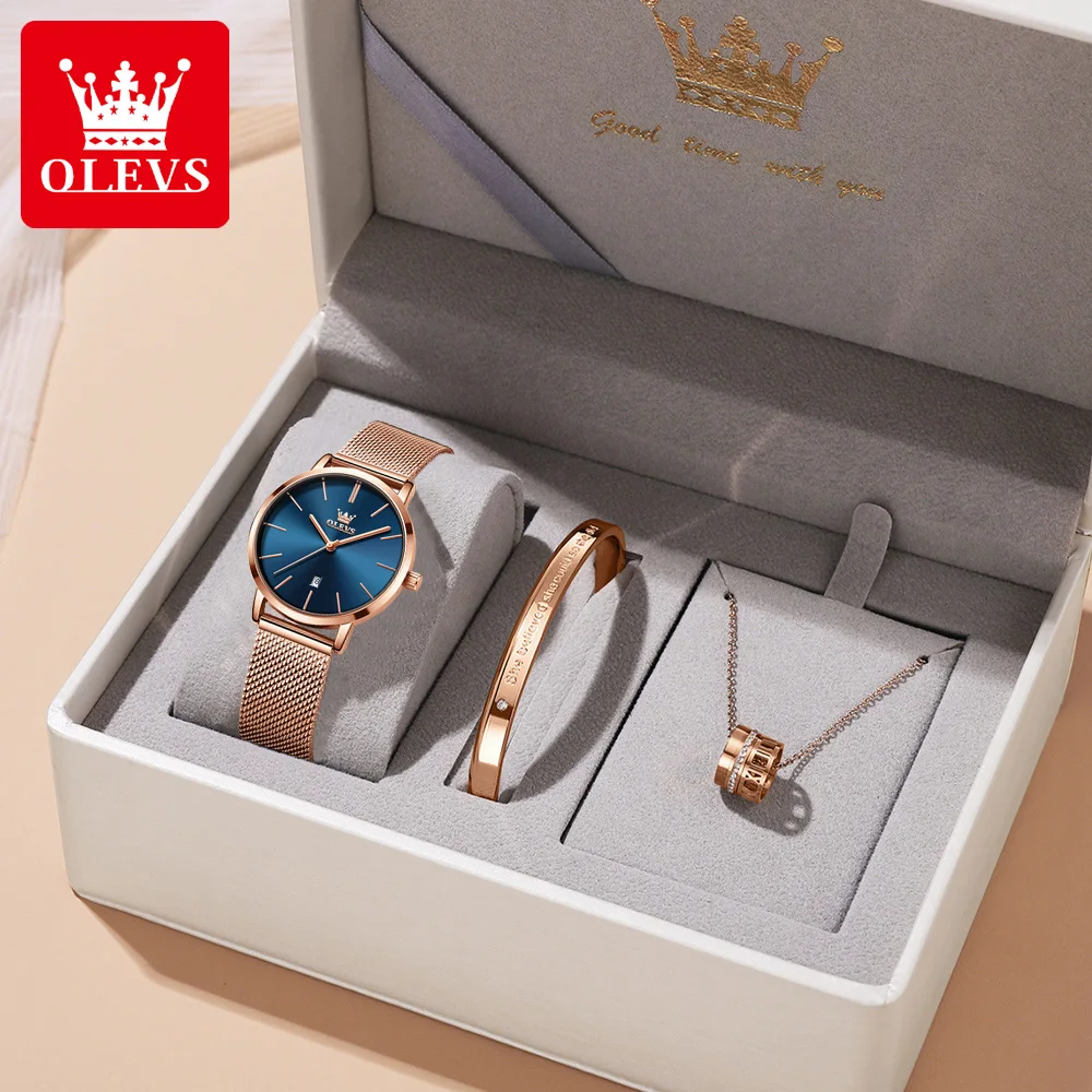Olevs Watch Women Rose Gold Top Brand Luxury Japan Movement Quartz Ultra Thin Ladies Watch Calendar Date Necklace Watch Set